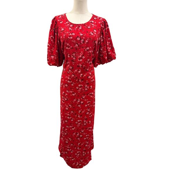 Old Navy Red Floral Puff Sleeve Midi Dress XL Smocked Open Back Cottagecore - Picture 1 of 8